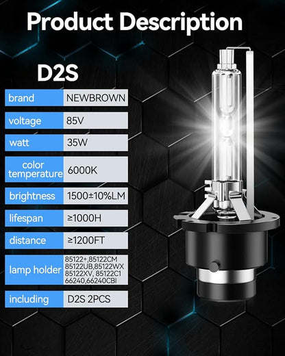 NEWBROWN D2S Hid bulbs Headlight 6000K White 200% brightness, Super White Xenon Replacement 85122C1 66240 66040 66240CBI Headlight Bulb (35W D2S, 2 Pack)
