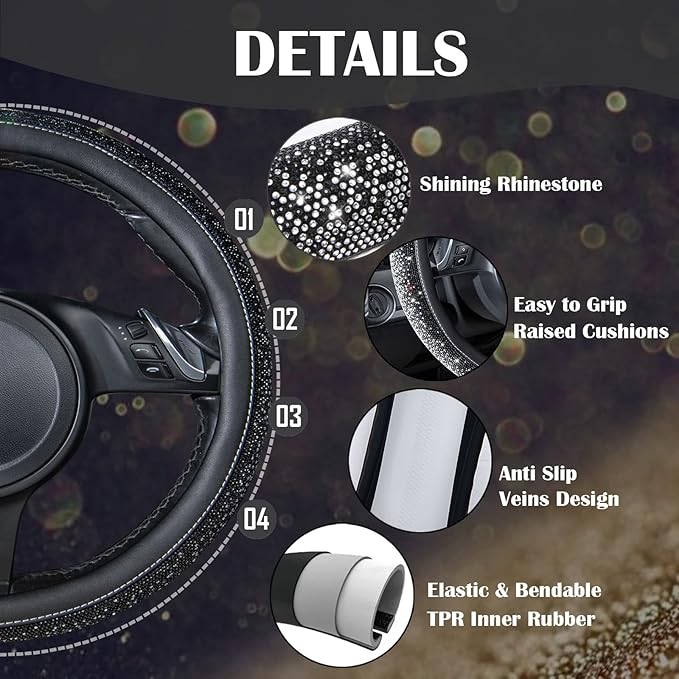 CAR PASS Bling Diamond Leather Steering Wheel Cover, Bling Sparkly Crystal Glitter Rhinestones Universal Fit 14" 1/2-15" Car Wheel Protector for Women Girl Fit Suvs,Vans,Sedans,Trucks, Black Silver