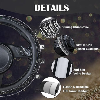 CAR PASS Bling Diamond Leather Steering Wheel Cover, Bling Sparkly Crystal Glitter Rhinestones Universal Fit 14" 1/2-15" Car Wheel Protector for Women Girl Fit Suvs,Vans,Sedans,Trucks, Black Silver