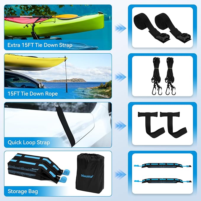 Universal Car Soft Roof Rack，Roof Pads Luggage Carrier for Kayak, Surfboard SUP, Canoe Include Storage Bag, 2 Quick Loop Strap, 2 Tie Down Rope, and 2 Heavy Duty Tie Down Straps