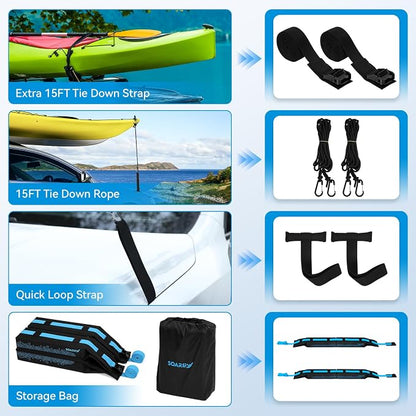 Universal Car Soft Roof Rack，Roof Pads Luggage Carrier for Kayak, Surfboard SUP, Canoe Include Storage Bag, 2 Quick Loop Strap, 2 Tie Down Rope, and 2 Heavy Duty Tie Down Straps