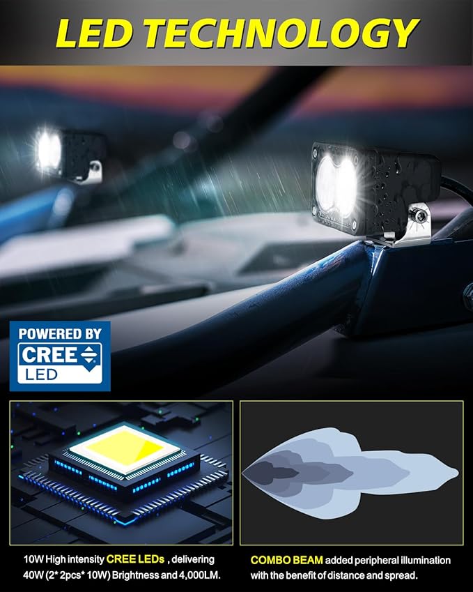 LED Pods with Wiring Harness & Black Covers 3" 40W CREE LED Ditch Lights Spot Flood Combo Offroad Driving Lights for Trucks Motorcycle SUV UTV ATV Dirt Bike