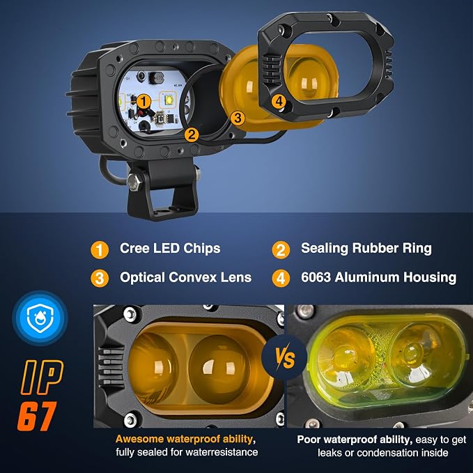 Nilight LED Pod Light 48W 4 Inch 2 PCS Yellow Spot Beam Driving Lights LED Pods IP67 Waterproof Auxiliary Offroad Lighting for Truck Tractor SUV ATV UTV Golf Cart Boat Motorcycle Dirt Bike