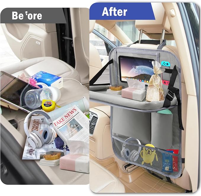 2Pack Car Backseat Organizer with Foldable Table Tray,6 Storage Pockets Car Storage Organizer with Tablet Holder,Car Seat Back Protectors Kick Mats Travel Accessories (Grey)