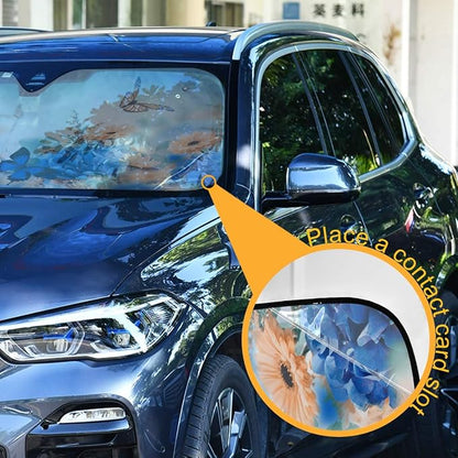 Butterfly Daisy Car Windshield Sun Shade Blue Hydrangea Yellow Flowers Foldable UV Ray Sun Visor Protector Sunshade to Keep Your Vehicle Cool (55" x 27.6")