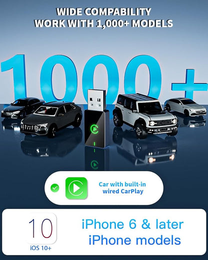 Wireless CarPlay Adapter for Apple iPhone,Compact Design Car Play Adapter Convert Wired Apple CarPlay to Wireless with USB/USB C Port,Plug and Play,Fast and Stable Connection Compatible with iOS 10+