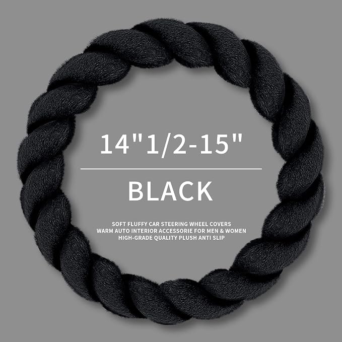 HighnessHwoo Luxury Fluffy Winter Car Steering Wheel Cover for Women Soft Warm Plush Cute Auto Accessories for Vehicle, Sedan, Universal, Fuzzy, Anti Slip, Black, Standard Size, 14.75-15.15"