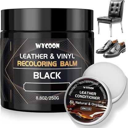 Leather Recoloring Balm with 100ml Mink Oil Conditioner | Black Repair Kit, Dye & Color Restorer for Furniture, Sofa, Car Seats, Bags | Restore Faded & Scratched Surfaces