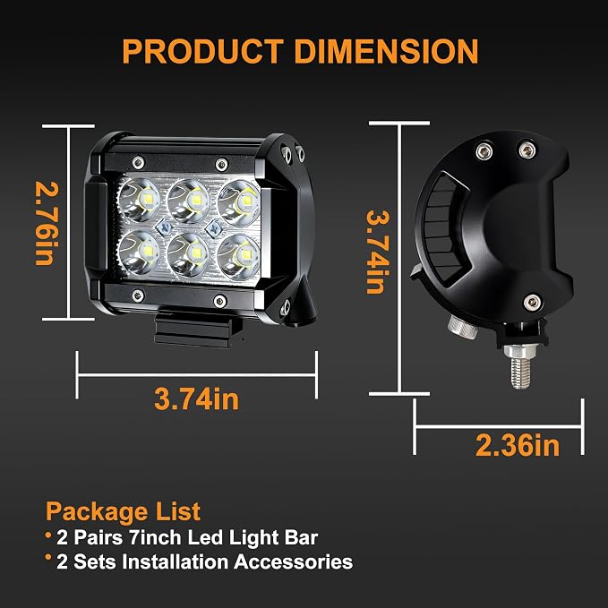 LED Light Bar 2PCS 36W 4 Inch Flood Spot Combo LED Work Light Pods Triple Row Work Driving Lamp with 12 ft Wiring Harness kit - 2 Leads