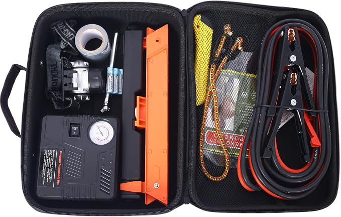 Auto Safety Kit, Car Kit with Portable Air Compressor Red Comprehensive Road Assistance Trips, Summer, Winter Driving