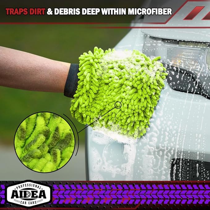 AIDEA Car Wash Mitt Microfiber, 4PK Scratch Free Lint-Free, Premium Chenille Microfiber Mitt Car Wash Brush, Green, Regular Size 7.12''X10.14''