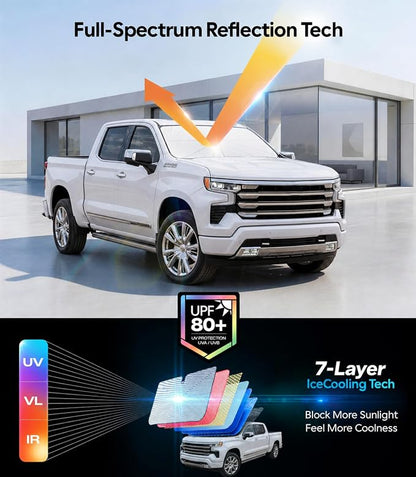 Wigoo Windshield Sun Shade Umbrella for Chevrolet Silverado 1500 2019-2026 [100% Sun Blockage, Ice Cooling Fabric] Foldable Front Window Sunshade Umbrella for Chevrolet Silverado 1500 2019-2026
