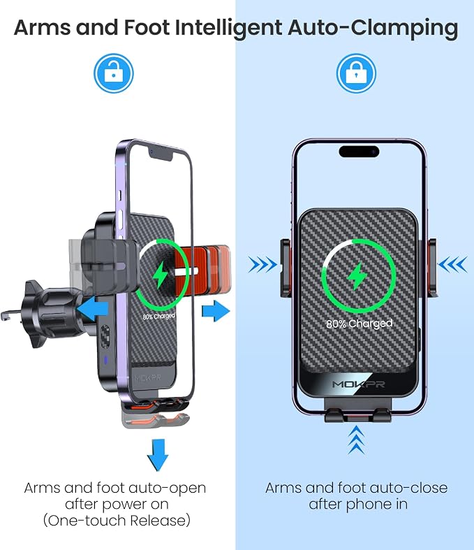 Wireless Car Charger, MOKPR 15W Fast Charging Auto-Clamping Car Mount Hands-Free Car Charger Mount for Dash Windshield Air Vent Compatible with iPhone 16 15/14/13/12, Samsung S23/S22/S21,red