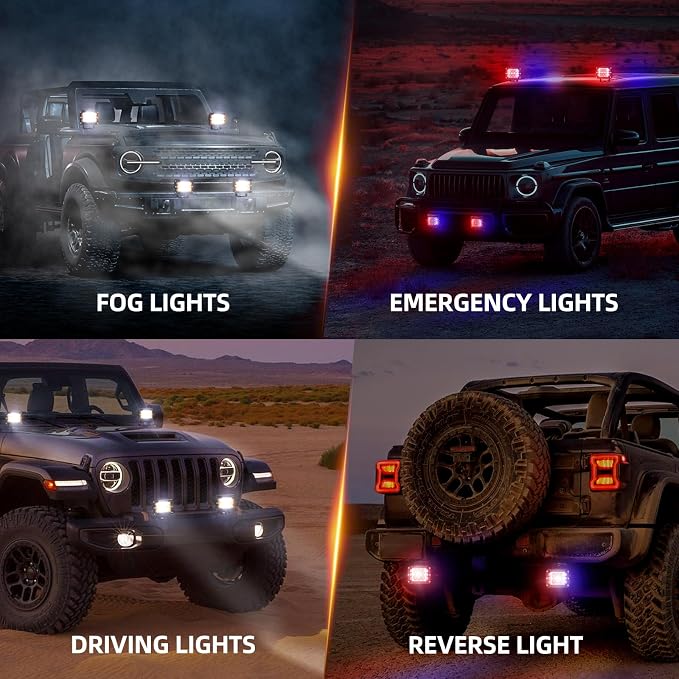 NAOEVO 4 Inch Strobe LED Light Pods, Amber White Blue Red Side Shooter, 6 Modes 60W Off Road Light with Memory Function, Emergency Fog Driving Work Light for Truck Boat ATV SUV with Wiring Harness
