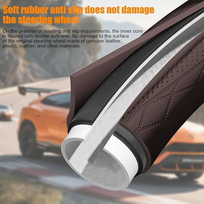 Zpana Car Steering Wheel Cover, 14.5-15" Breathable Soft Leather Vehicle Steering Wheel Protector with Anti-Slip Lining, Comfortable Auto Interior Decoration Accessories, Universal Fit (Coffee)