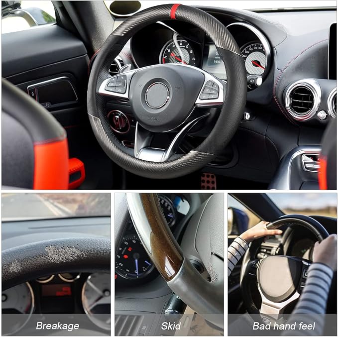 Carbon Fiber Steering Wheel Cover, Universal 15 inch Breathable Anti Slip, Fit Most Cars, Trucks, SVU (Black/Gray)