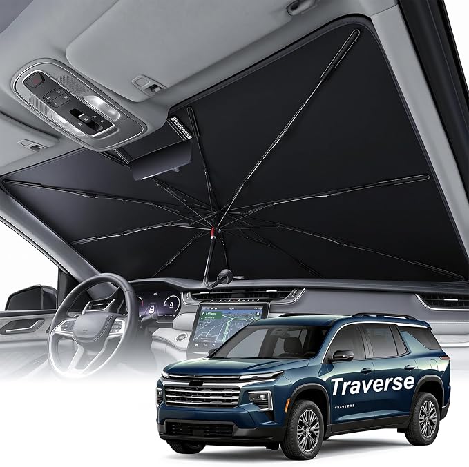 2026 Upgraded Windshield Sun Shade Umbrella for Chevrolet Traverse [Precision Custom Fit, Superior UV & Heat Block] Cooling Tech Fabric, Durable Foldable with Storage Bag, Fits 2009-2026
