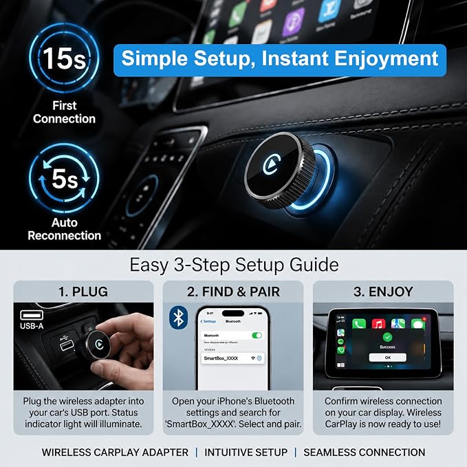 Wireless CarPlay Adapter & Android Auto Wireless Adapter, 2026 2-in-1 CarPlay Wireless Adapter for iPhone,Converts Factory Wired CarPlay/Android Auto to Wireless, USB/USB-C Dongle for Cars