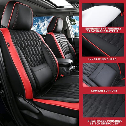 Car Seat Covers , Luxury Breathable Waterproof Faux Leatherette Car Seat Covers Cushion Protectors with Lumbar Support, Car Seat Cushion, Universal Fit Most Cars (Black-Red, Full Set - 5 Seats)