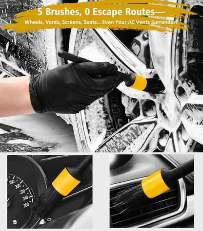 YeewayVeh Car Wash Kit, Extendable Car Wash Brush Mop with Long Handle, 5pcs Detailing Brush, 1pc Wheel Brush and Microfiber Towel Car Cleaning Kit Supplies Accessories, Ginger