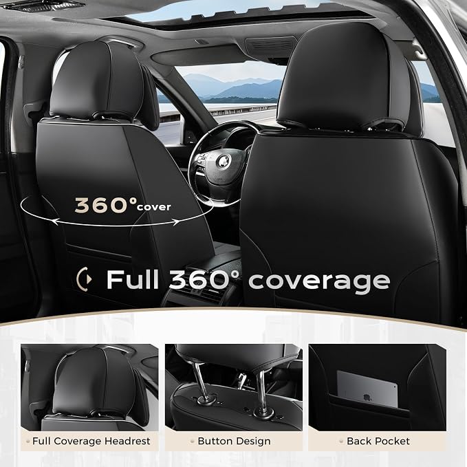 Coverado Seat Covers, Car Seat Covers Front Seats, Car Seat Cover, Car Seat Protector Waterproof, Seat Cushion Nappa Leather with Head Pillow, Carseat Cover Universal Fit for Most Cars (Black&Gray)