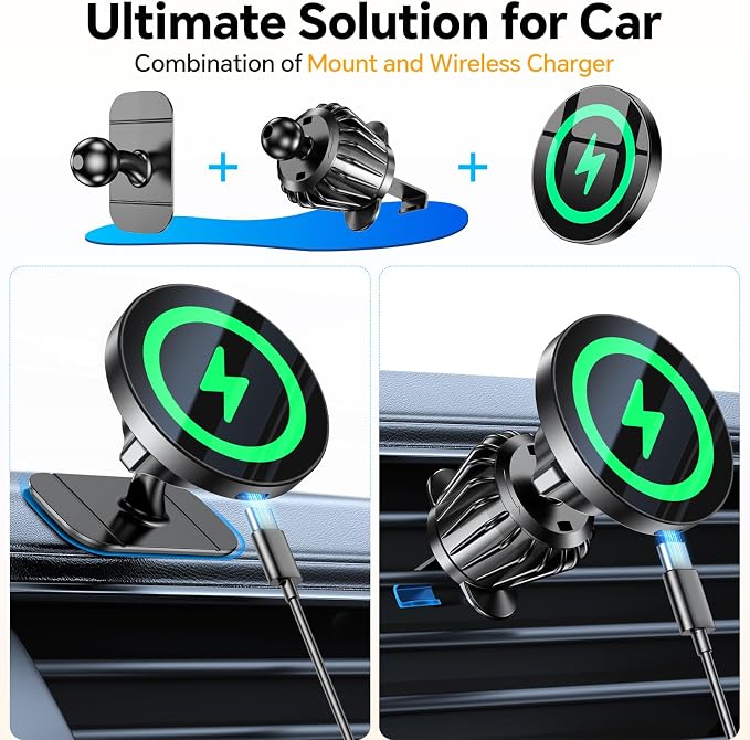 Coolpow for Magsafe Car Mount Charger【100% Stable】15W Magsafe Car Charger Magnetic Phone Holders for Your Car Accessories for Women Men Car Phone Holder Wireless Car Charger for iPhone 17 16 15 14 13