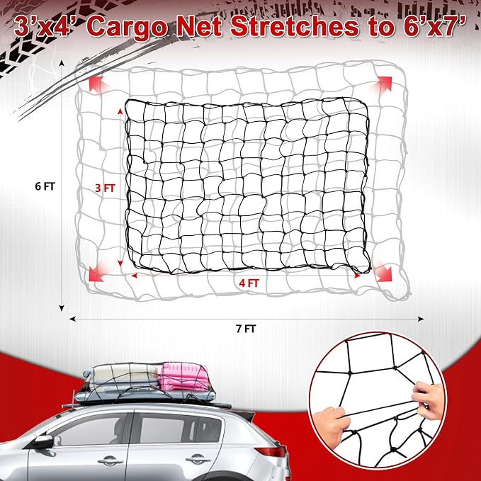 3’x4’ Truck Cargo Net Stretches to 6' x 7' with 4"x4" Mesh Grid Super Duty Bungee Heavy Duty Bed Netting for Truck Bed Stretches with 12 Adjustable Metal Carabiners by Cenipar