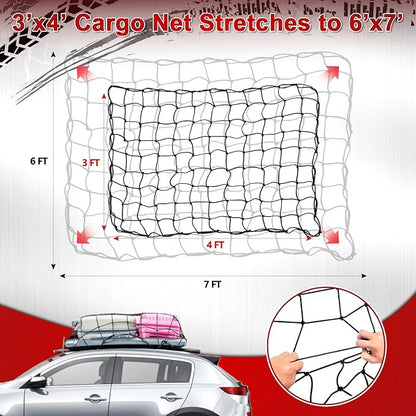 3’x4’ Truck Cargo Net Stretches to 6' x 7' with 4"x4" Mesh Grid Super Duty Bungee Heavy Duty Bed Netting for Truck Bed Stretches with 12 Adjustable Metal Carabiners by Cenipar