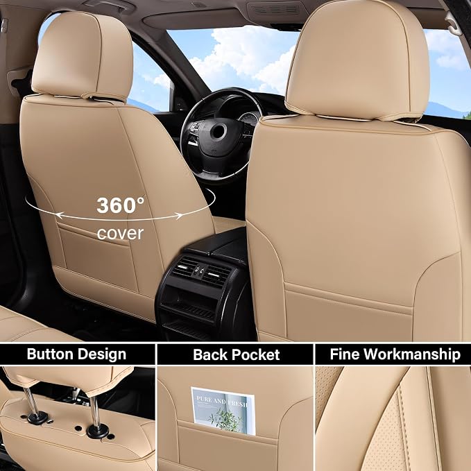 Coverado Waterproof Nappa Leather Car Seat Covers, Automotive Seat Covers，Front Car Seat Cushion & Car Seat Protector, Beige Seat Covers Universal Fit for Most Cars, SUVs, Trucks