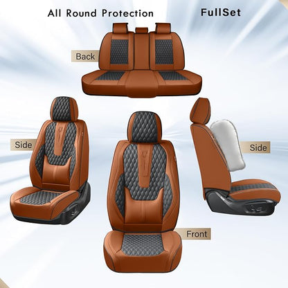 Coverado Car Seat Covers Full Set, Nappa Leather Seat Covers for Car, Waterproof Car Seat Protector with Lumbar Support, Automotive Seat Covers Universal Fit for Most Cars SUV Trucks (Brown-Black)
