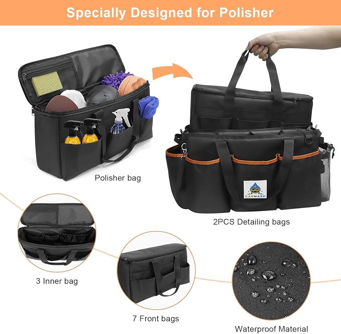 WDG 2PCS Detailing Bag Cleaning Caddy Organizer with Handle & Polisher Tote Large Car Care Storage/Carry Bag for Car Cleaning Supplies & Housekeeper Cleaner-Large