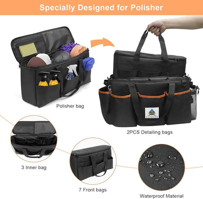 WDG 2PCS Detailing Bag Cleaning Caddy Organizer with Handle & Polisher Tote Large Car Care Storage/Carry Bag for Car Cleaning Supplies & Housekeeper Cleaner-Large