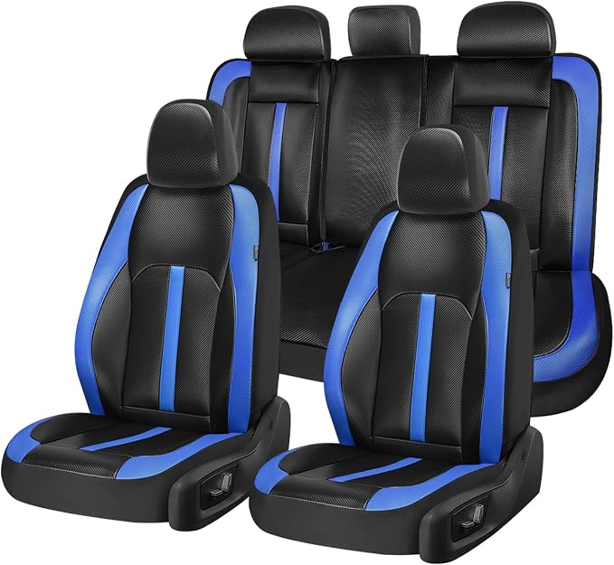 Coverado Leather Car Seat Covers Full Set & Carbon Fiber, Waterproof and Durable All Weather Protector, Universal Fit for SUV, Pickup Truck, Sedan, Automotive Vehicle Interior, Black&Blue