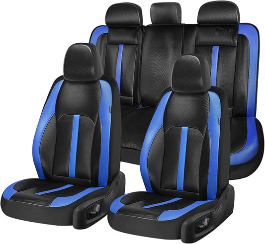 Coverado Leather Car Seat Covers Full Set & Carbon Fiber, Waterproof and Durable All Weather Protector, Universal Fit for SUV, Pickup Truck, Sedan, Automotive Vehicle Interior, Black&Blue