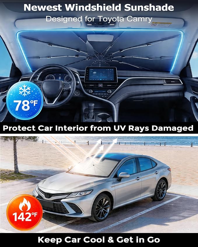 DMJN Umbrella Windshield Sun Shade for Toyota Camry (2011-2026), Car Sunshade for Front Windshield [Nano Ice-Crystal Coatings] UPF50+ Heat & UV Block, Protect Interior & Keep Cooler