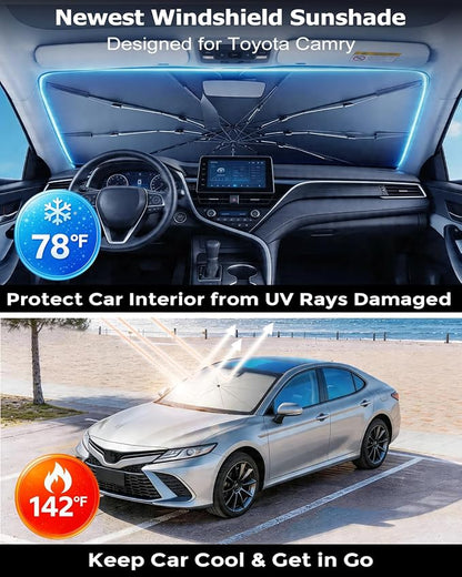 DMJN Umbrella Windshield Sun Shade for Toyota Camry (2011-2026), Car Sunshade for Front Windshield [Nano Ice-Crystal Coatings] UPF50+ Heat & UV Block, Protect Interior & Keep Cooler