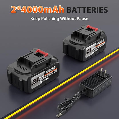 Cordless Car Buffer Polisher Kit, 2x4000mAh 21V Batteries, 6-Inch Orbital Car Polisher, 8 Variable Speeds, LED Display, 18-Piece Accessories for Waxing, Polishing & Scratch Removal