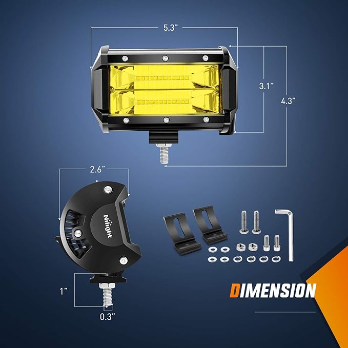 Nilight 18030C-A Amber 2PCS 5Inch 72W Double Row Flood Bar 10800Lumens Driving Fog Led Off Road Lights for Trucks Jeep ATV UTV SUV Boat Marine,2 Years Warranty, Yellow,White