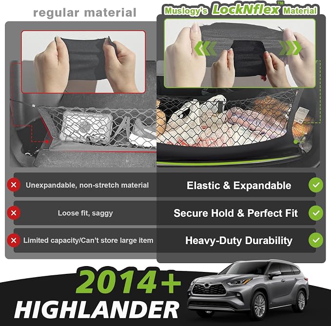 Muslogy Truck Bed Cargo Net Trunk Netting Compatible with 2014-2025 2026 Toyota Highlander Accessories, Pickup Cargo Organizer SUV Sedan Storage Net w/Heavy Duty Carabiners