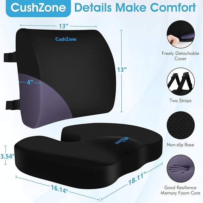 CushZone Seat Cushion, Lumbar Support Pillow with Adjustable Strap-Chair Cushions for Sciatica Pain Relief-with Washable Cover for Car, Travel and Wheelchair, Black, X-Large