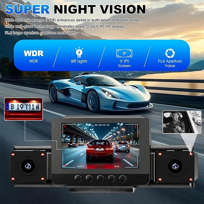 4 Channel Dash Cam Front and Rear with 360° View for All-Round Protection, 4-Way Recording, Built-in 5G WiFi & GPS, APP Control, 8 IR LEDs, 24H Parking Monitor, G-Sensor, Free TF Card (128, GB)