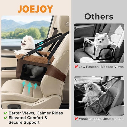 JOEJOY Deluxe Dog Booster Seat with Sturdy Metal Frame and Safety Leash for Small Pets up to 20 lbs - Portable Puppy Dog Car Seat with Thick Cushion and Storage Pockets for Small Dogs, Brown