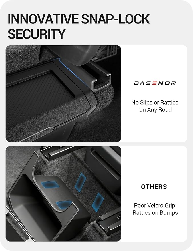 BASENOR Tesla Model Y Juniper Rear Center Console Organizer, TPE Dustproof Trash Can with Anti-Slip Lid, Garbage Bin Backseat Storage Box for 2025 2026 Model Y