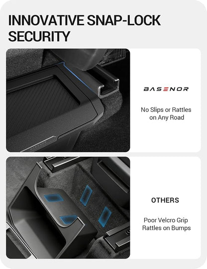 BASENOR Tesla Model Y Juniper Rear Center Console Organizer, TPE Dustproof Trash Can with Anti-Slip Lid, Garbage Bin Backseat Storage Box for 2025 2026 Model Y