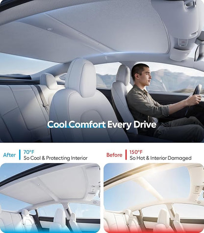 Wigoo Tesla Model 3 Sunshade Roof [Never Sag, Nano Ice-Crystal Coatings] 3-Gen Heat Insulation Glass Roof Sun Shade, Accessories for Tesla Model 3 2020~2026 Highland, Interior Gray
