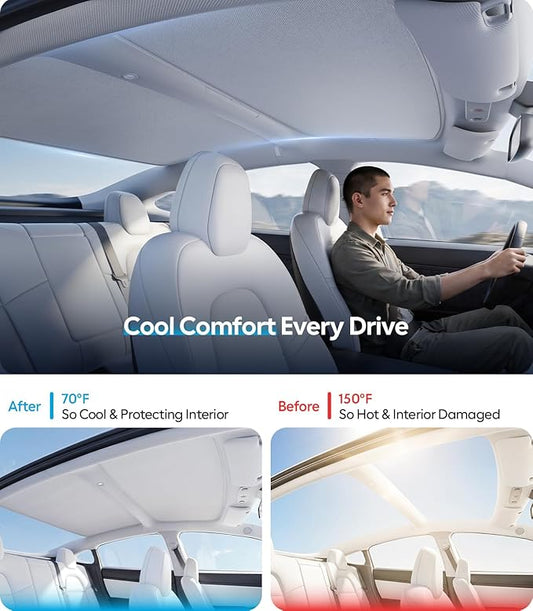 Wigoo Tesla Model 3 Sunshade Roof [Never Sag, Nano Ice-Crystal Coatings] 3-Gen Heat Insulation Glass Roof Sun Shade, Accessories for Tesla Model 3 2020~2026 Highland, Interior Gray
