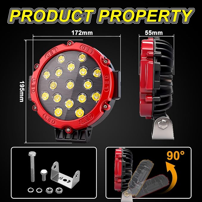 7 Inch Off Road Lights, 5100LM 12-24V LED Driving Light Pods for Tractor, Jeep,SUV,ATV & Truck Bumper pod Lights,2 Pack/Red