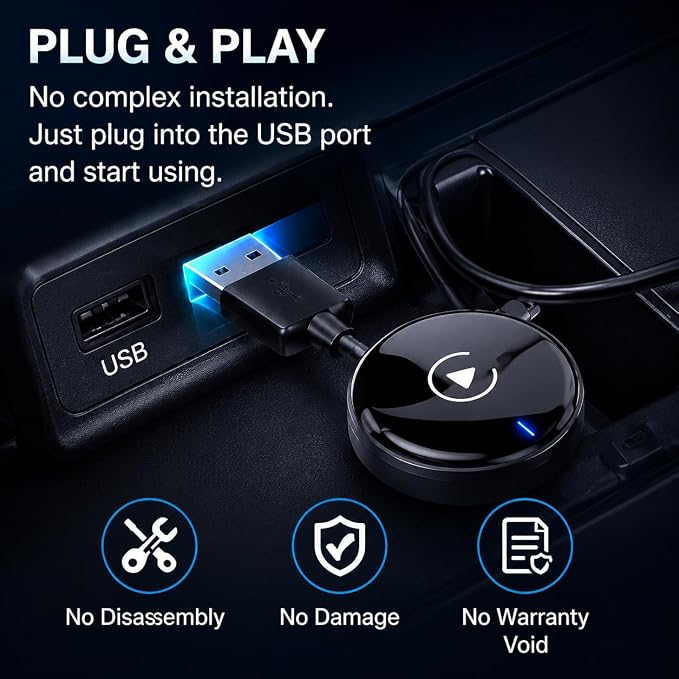 Compact USB Wireless Carplay/Android Auto Adapter for Maserati Grecale 2022-2026,Voice Control Plug and Play