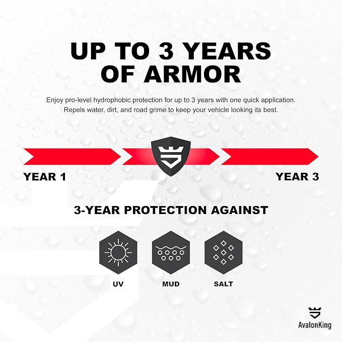 AvalonKing Armor Shield IX MAX Nano Ceramic Coating Kit with Rapid Curing Formula, 1 fl oz (30ml) – 3-Year 9H Paint Protection, Extreme Hydrophobic Gloss, Fast 4-Hour Cure DIY Car Detailing Kit