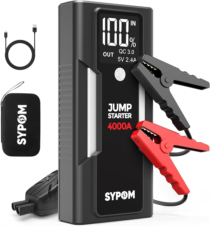 Portable Jump Starter, 4000A Peak Car Battery Charger, 12V Jump Box for Truck up to 10L Diesel, Motorcycle, Dual USB, LED Light, Great Battery Jumper for Road Side Emergency Kit for Car